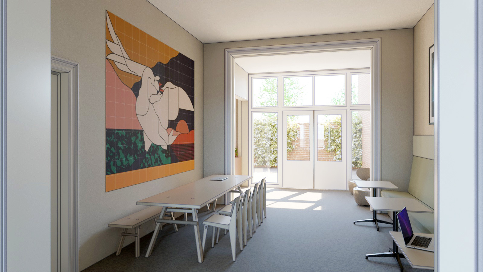 3d visualisatie, 3D schets, inrichting kantoor, 3d impressie, artist impressie, meubels, inrichting