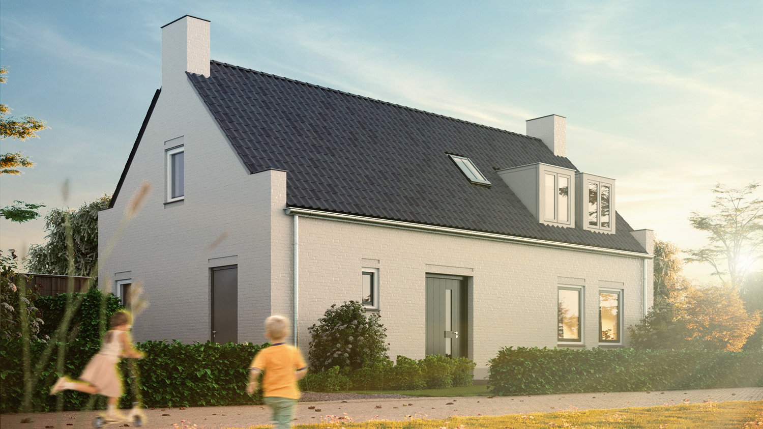3D-visualisatie nieuwbouw woning woonhuis Brandevoort tegenlicht ondergaande zon 3D impressie
