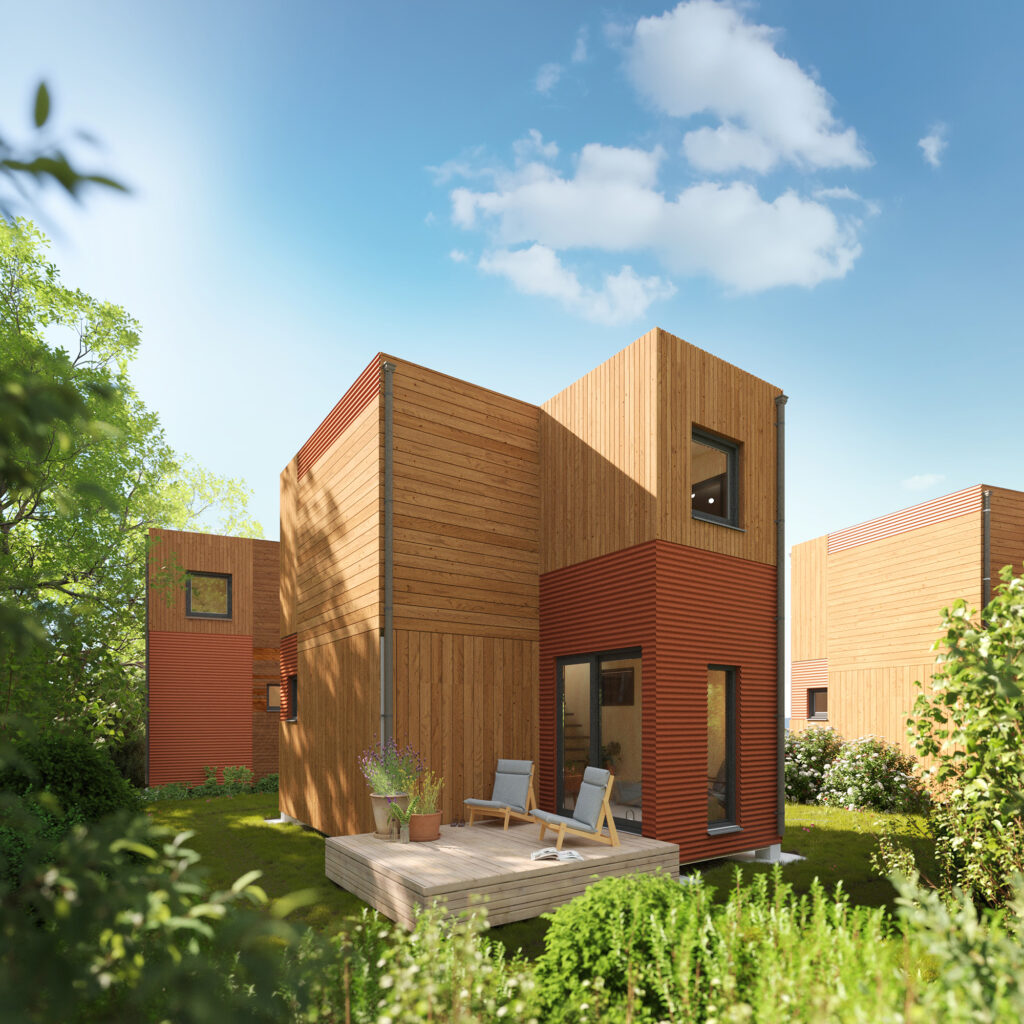 3D visualistie architectuur, tiny house, 3D impressie, architectuur, exterieur, nieuwbouw